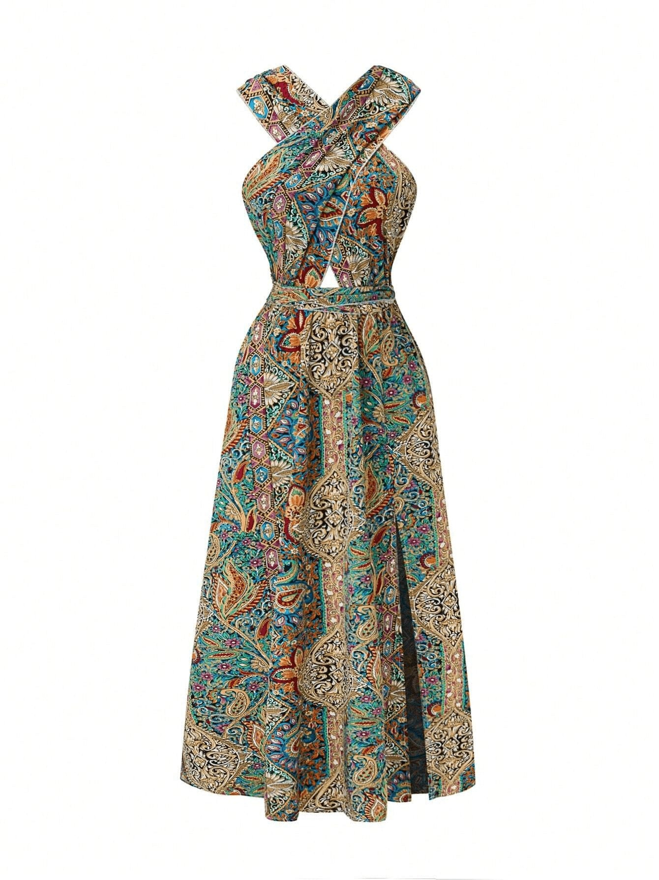 Women's Sexy Wrap-around Strappy Printed Halter High-waisted Dress