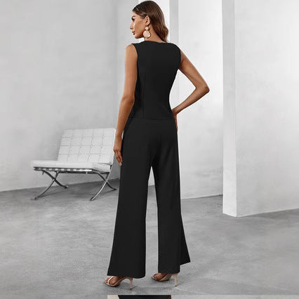 V-neck Sleeveless High Waist Women's Pants Suit
