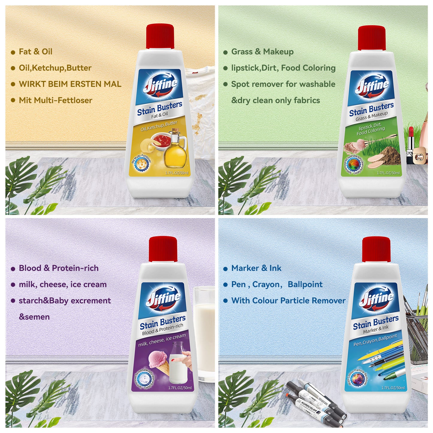 JIFFINE Oil Stains, Grass Stains, Milk Stains, Pen Stain Combination