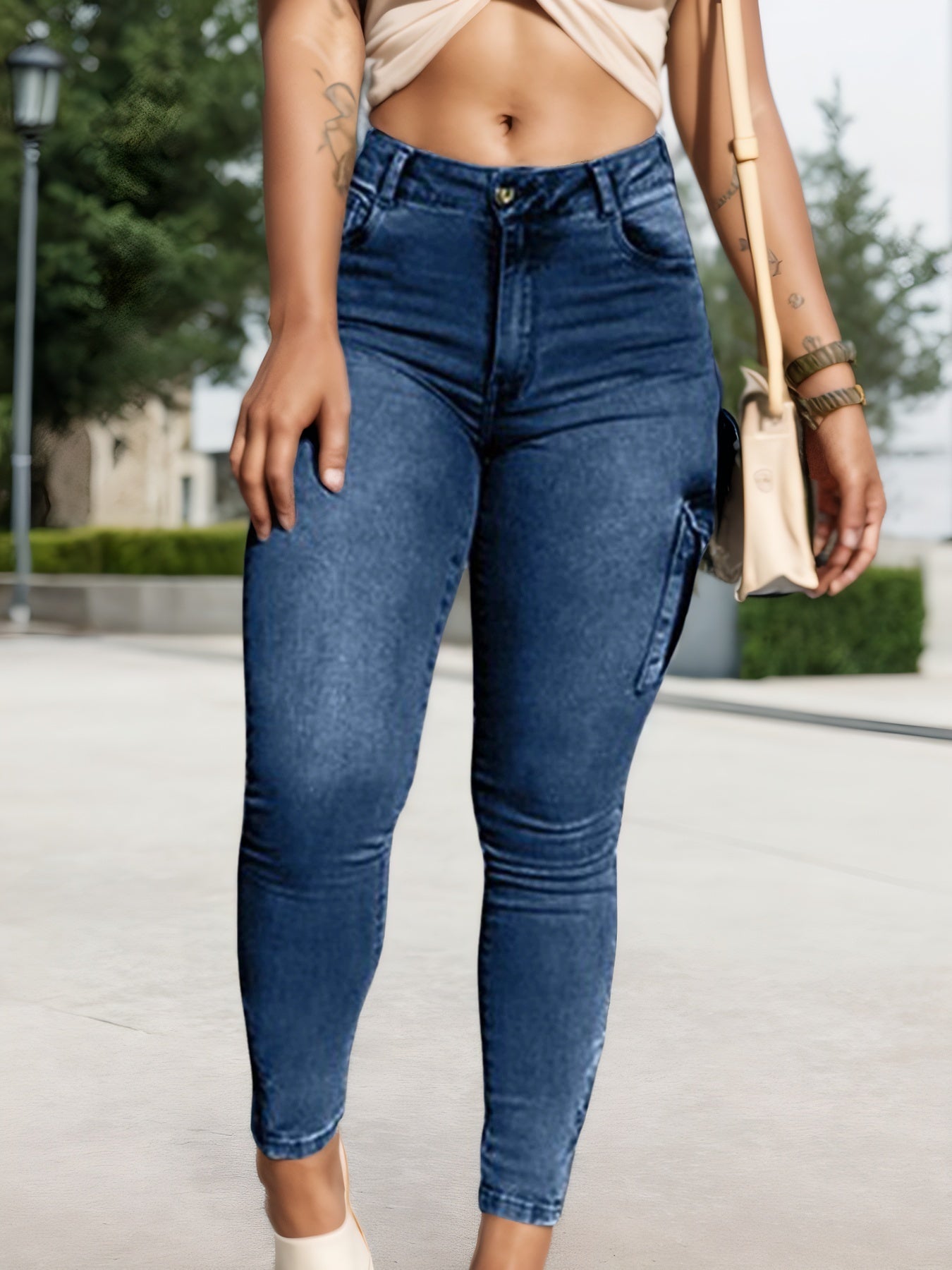 Multi-pocket High-stretch Mid-rise Zipper-hem Skinny Pencil Pants, Urban Style Women's Jeans And Clothing Cargo Jeans Amazon Don't Sell